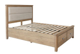 Warm Rustic Oak Effect Double Bed Frame with Fabric Padded Headboard & Drawers