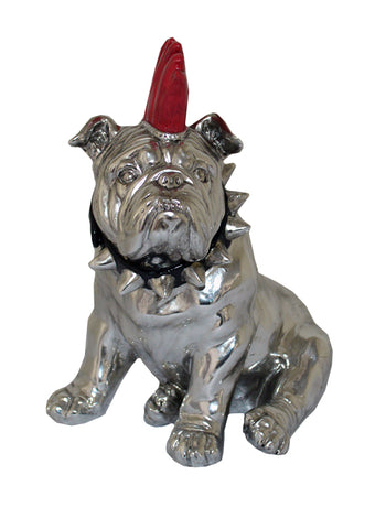 Small Silver Sitting Bulldog Ornament with Red Mohawk