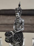 Silver & Black Sitting Buddha with Thai Head Dress Ornament