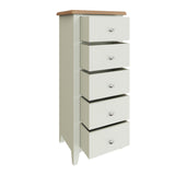 Fresh White with Oak Top 5 Drawer Narrow Chest of Drawers