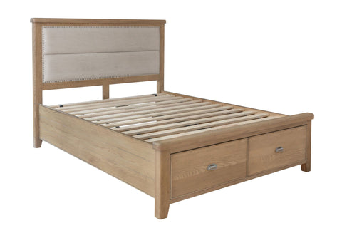 Warm Rustic Oak Effect King Size Bed Frame with Fabric Padded Headboard & Drawers