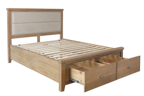 Warm Rustic Oak Effect Double Bed Frame with Fabric Padded Headboard & Drawers