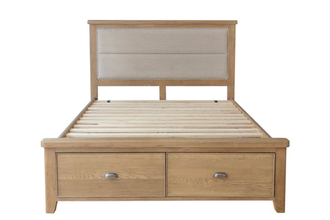 Warm Rustic Oak Effect Super King Size Bed Frame with Fabric Padded Headboard & Drawers