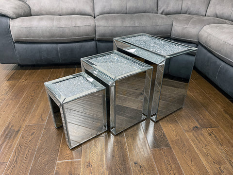 Crushed Diamante Nest of 3 Mirrored Tables