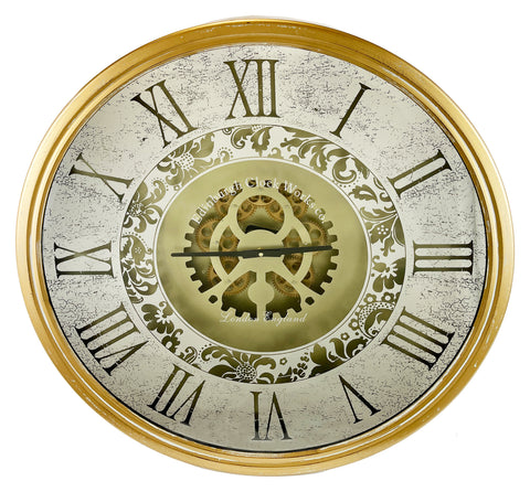 Mirrored Brass Effect Round Mechanical Gear Skeleton Wall Clock