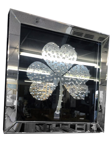 Floating Crystal Black Mirrored Irish Shamrock Clover Wall Mirror