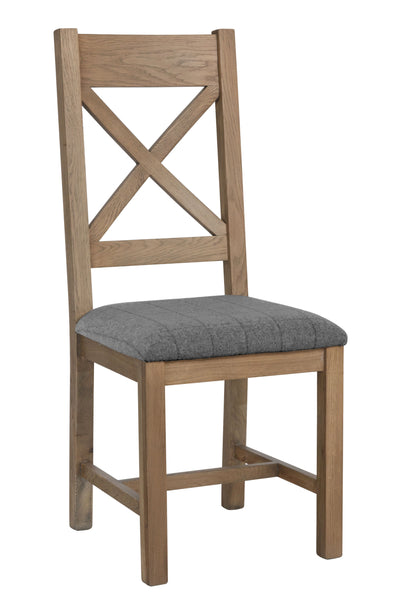 Warm Rustic Oak Effect Cross Back Dining Chair with Grey Padded Seat