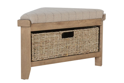 Rustic Oak Effect Corner Storage Bench with Padded Beige Seat