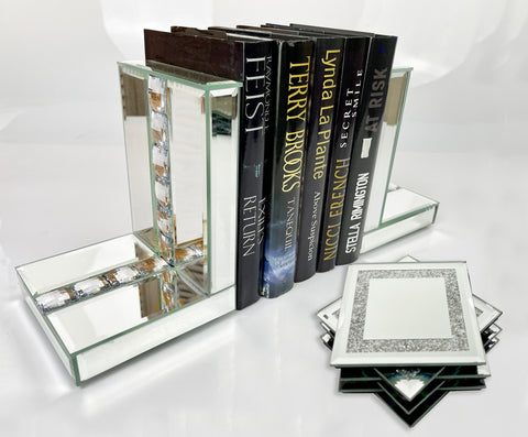 Mirrored Prism Crystal Jewel Bookends & 6 Glitter Mirror Coasters