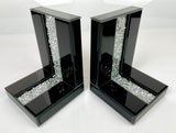 High Black Gloss Glass Crush Diamante Bookends & 6 Glitter Mirror Coasters