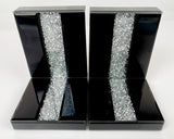 High Black Gloss Glass Crush Diamante Bookends & 6 Glitter Mirror Coasters