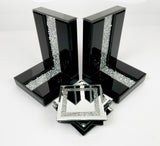 High Black Gloss Glass Crush Diamante Bookends & 6 Glitter Mirror Coasters