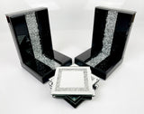 High Black Gloss Glass Crush Diamante Bookends & 6 Glitter Mirror Coasters