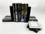 High Black Gloss Glass Crush Diamante Bookends & 6 Glitter Mirror Coasters