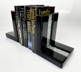 High Black Gloss Glass Crush Diamante Bookends & 6 Glitter Mirror Coasters