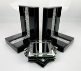 High Black Gloss Glass Crush Diamante Bookends & 6 Glitter Mirror Coasters