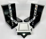 High Black Gloss Glass Crystal Jewel Bookends & 6 Glitter Mirror Coasters