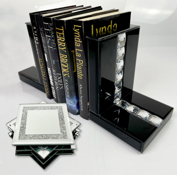 High Black Gloss Glass Crystal Jewel Bookends & 6 Glitter Mirror Coasters