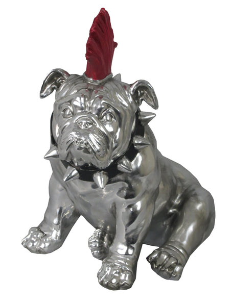 Large Silver Sitting Bulldog Ornament with Red Mohawk