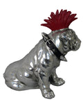 Large Silver Sitting Bulldog Ornament with Red Mohawk
