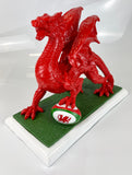Small Gloss Red Welsh Dragon with Rugby Ball Ornament