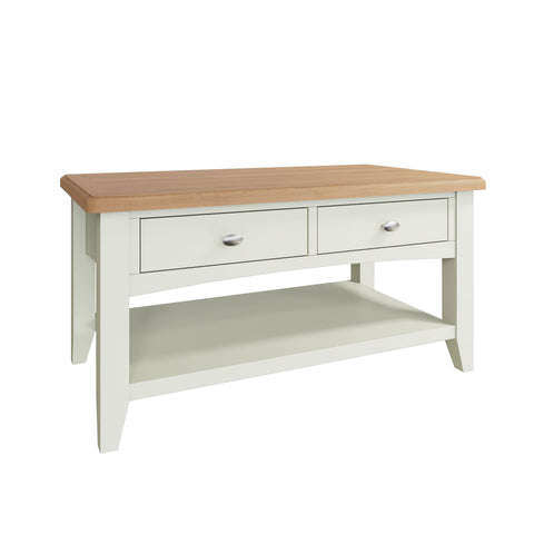 Fresh White with Oak Top Large Coffee Table with Drawers