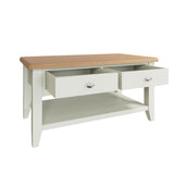 Fresh White with Oak Top Large Coffee Table with Drawers