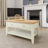 Fresh White with Oak Top Large Coffee Table with Drawers