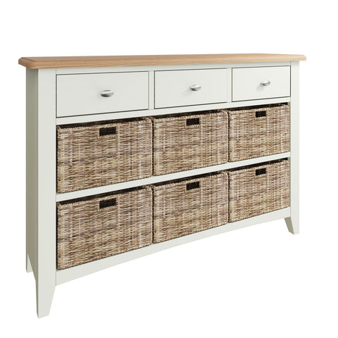 Fresh White with Oak Tops 3 Drawer & 6 Basket Large Sideboard