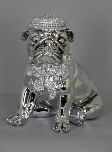 Silver High Finish Electroplated Bulldog Sitting Ornament Figurine with Hat & Scarf