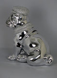 Silver High Finish Electroplated Bulldog Sitting Ornament Figurine with Hat & Scarf