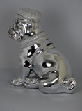 Silver High Finish Electroplated Bulldog Sitting Ornament Figurine with Hat & Scarf