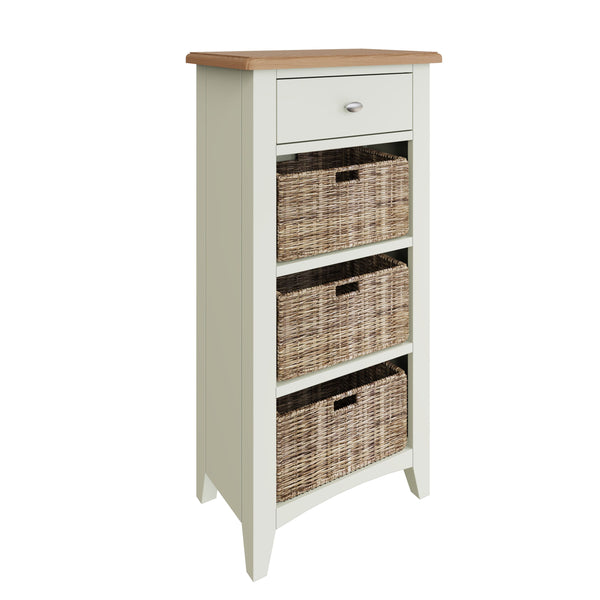 Fresh White with Oak Tops Single Drawer & Triple Basket Tall Cabinet