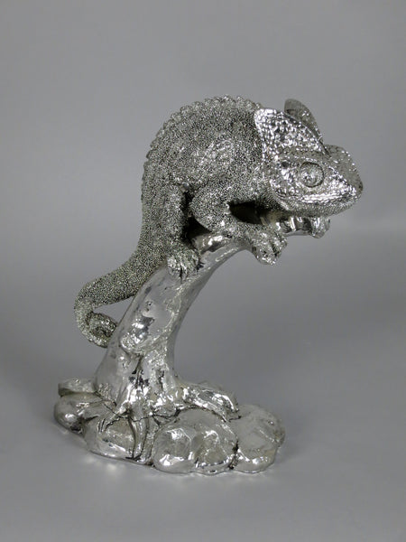 Silver High Electroplated Chameleon on Tree Reptile Ornament Figurine