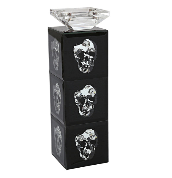 Triple Tier Black Mirrored Crystal Skull Head Tall Tea Light Candle Holder