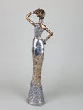 African Lady Woman Female Ornament Figurine with Peach Marbel Effect Dress and Silver Detailing with Gold Skin