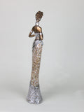 African Lady Woman Ethnic Ornament Figurine Peach Marble Effect & Silver Dress Golden Skin