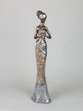 African Lady Woman Ethnic Ornament Figurine Peach Marble Effect & Silver Dress Golden Skin