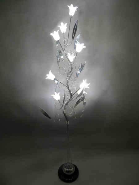 Swirl Twist Silver Metal Floor Lamp with White Glass Flower Shades