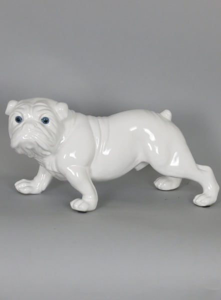 Ceramic White Gloss Standing Bulldog Dog Ornament with Blue Eyes