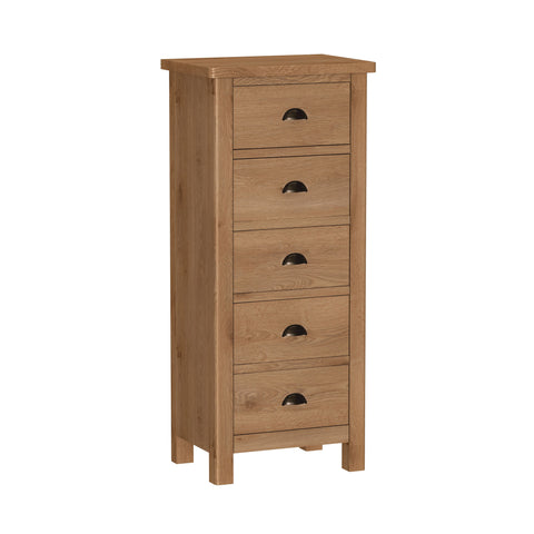 Oak & Hardwood Rustic 5 Drawer Narrow Chest