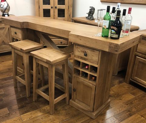 Reclaimed Oak Maxi Bar Table with Inbuilt Wine Rack & Storage