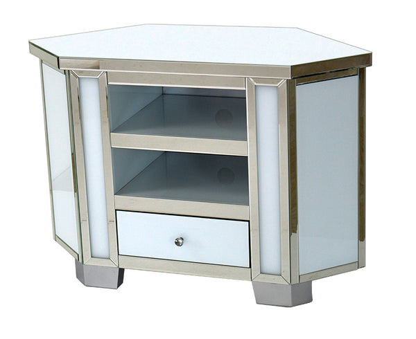 Mirrored & White Glass Tall Corner TV Cabinet