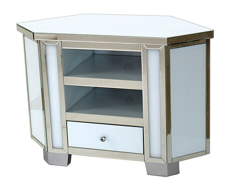 Mirrored & White Glass Tall Corner TV Cabinet