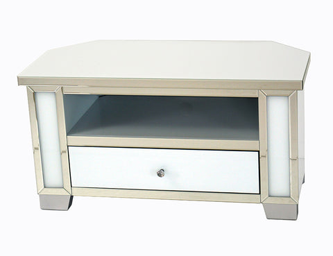 Mirrored White Glass Low Corner TV Cabinet