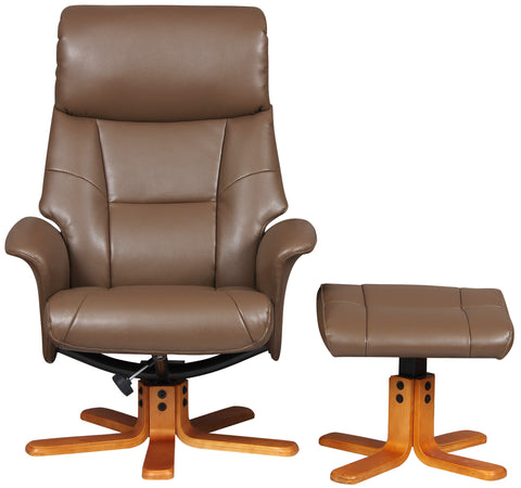 Marseille Swivel Faux Leather Recliner Chair & Stool - Truffle