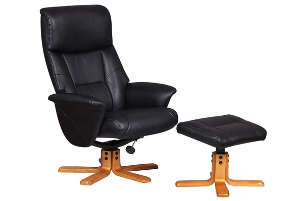 Marseille Swivel Faux Leather Recliner Chair & Stool - Black