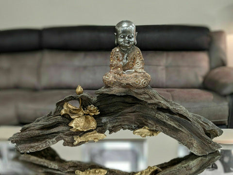 Peach & Silver Baby Monk Buddha on Log Ornament