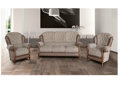 Queen Anne Brown Fabric and Leather 3 Seater 2 Seater Sofa Chair and Footstool