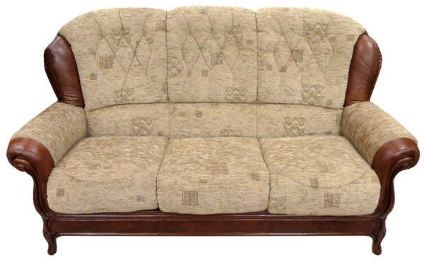 Queen Anne Brown Fabric and Leather 3 Seater 2 Seater Sofa Chair and Footstool